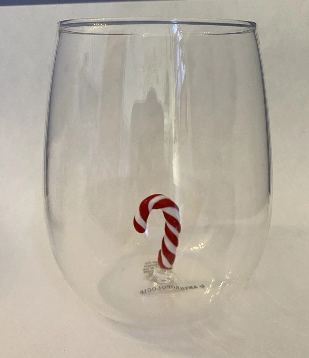 NEW Anthropologie Jolly Icon Stemless Wine Glass Christmas Candy Cane Holidays